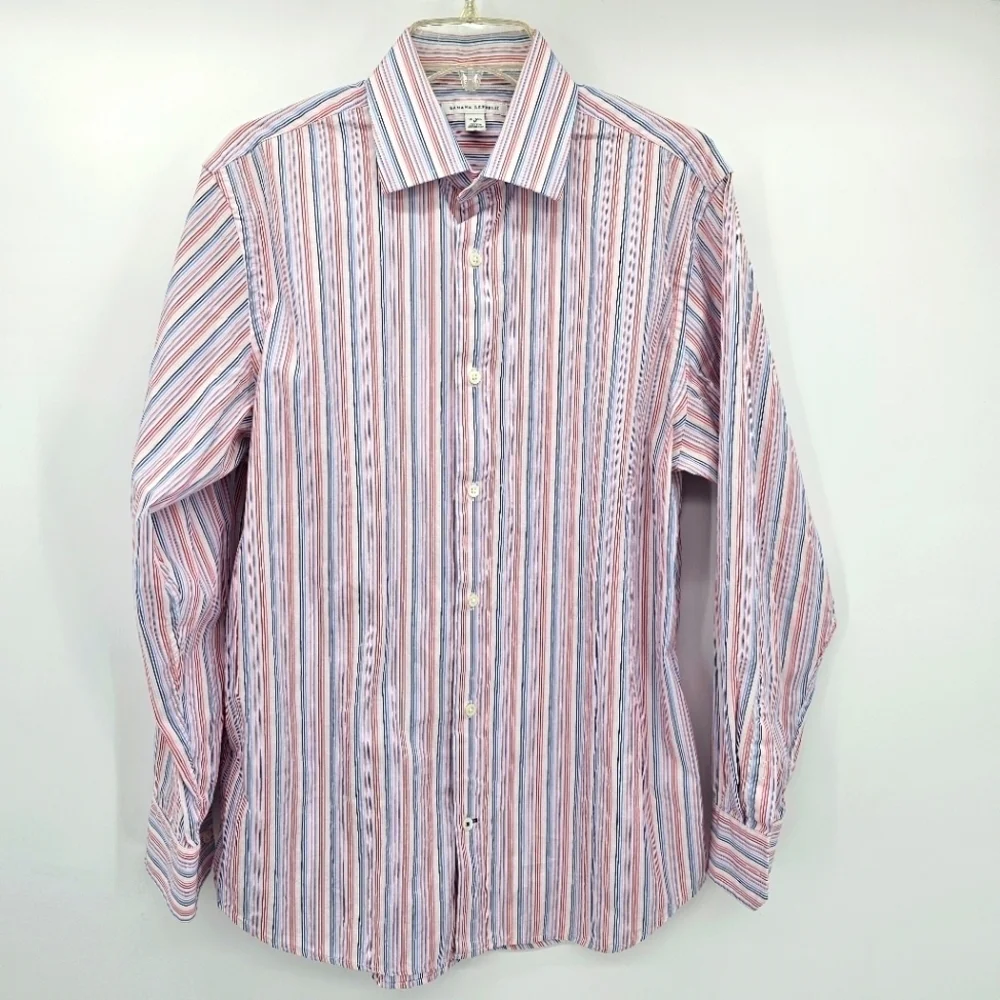 Banana Republic pink blue striped shirt men's size 15-15.5